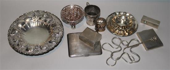 An antique continental white metal cup, six silver items including cigarette case and compact and six other plated items